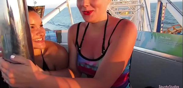  Must See! Risky Public Double Blowjob on a Ferris Wheel with Teen & MILF